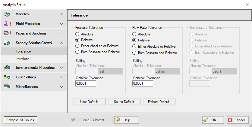 The Tolerance panel in Analysis Setup.